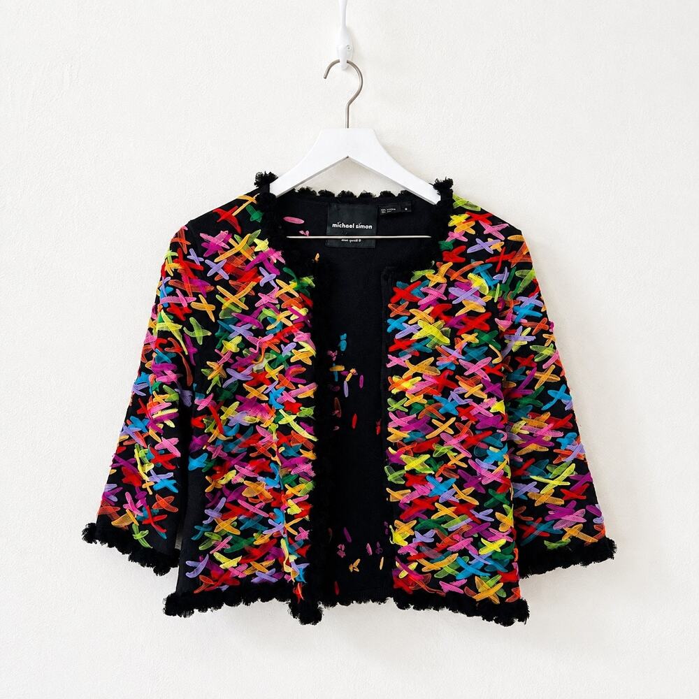 Michael Simon Rainbow Ribbon Cardigan Small Y2K Maximalist Art Teacher Whimsical